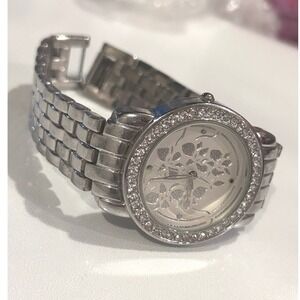 Unbranded Floral Filigree Dial Watch Womens Silver Tone Crystal Bezel Good